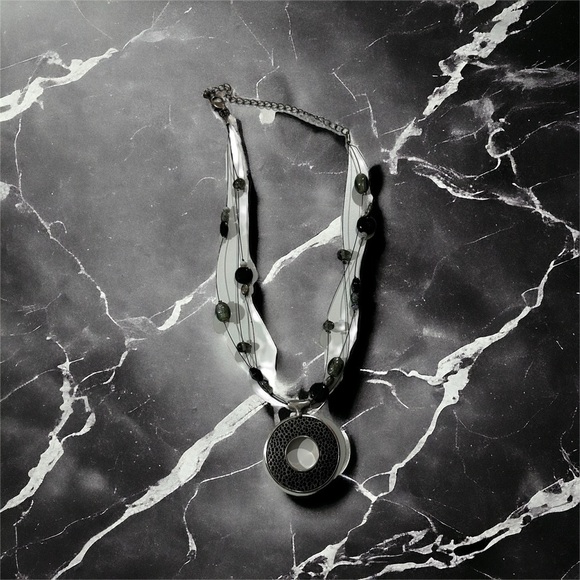 Signed Chicos 3 Strand Glass & 925 Bead Round Leather Inset Pendant Necklace 22” - Picture 3 of 16